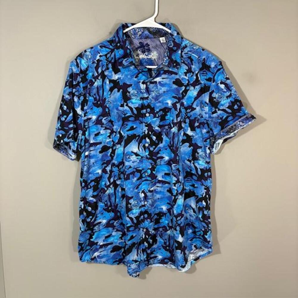 Robert Graham Shirt Mens 2XL Blue Tropical Floral Stretch Short Sleeve Button-Up